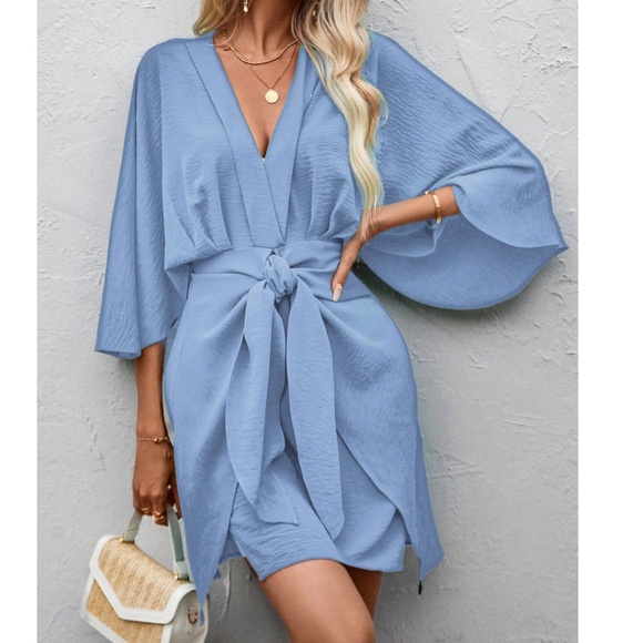 Solid V neck 3/4 Kimono Sleeve Stretchy Tie Waist Dress - Picture 4 of 7